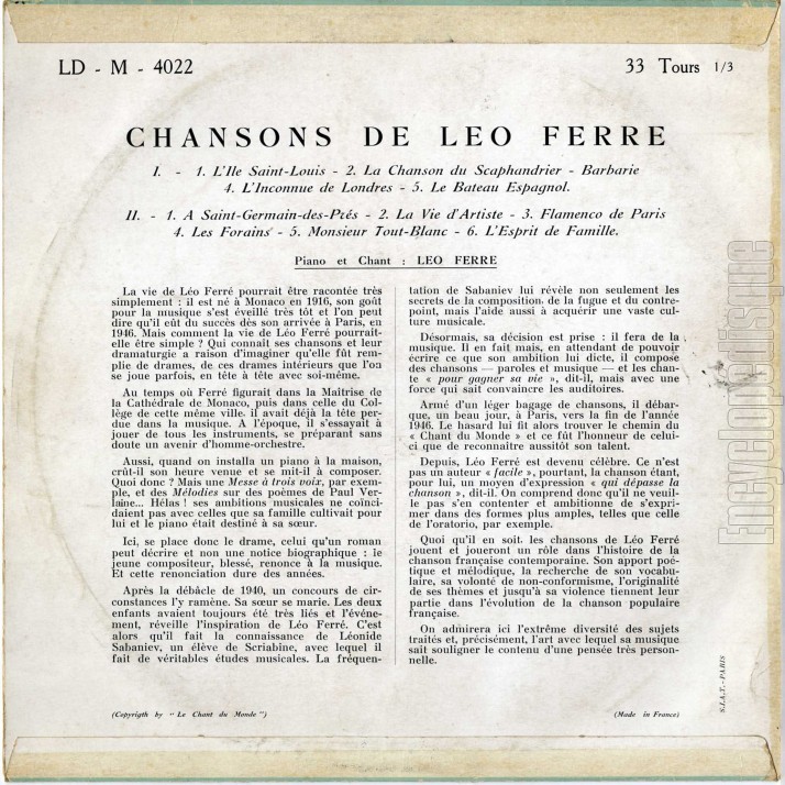 Chansons de Léo Ferré 10'' Chanson française 1953 Le chant du monde LD - M - 4022