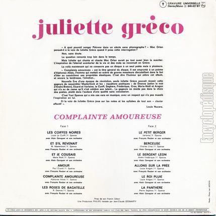 [Pochette de Complainte amoureuse (Juliette GRCO) - verso]
