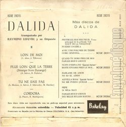 [Pochette de Plus loin que la terre (DALIDA) - verso]