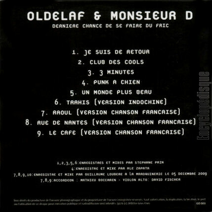 [Pochette de Dernire chance de se faire du fric (OLDELAF et Monsieur D) - verso]